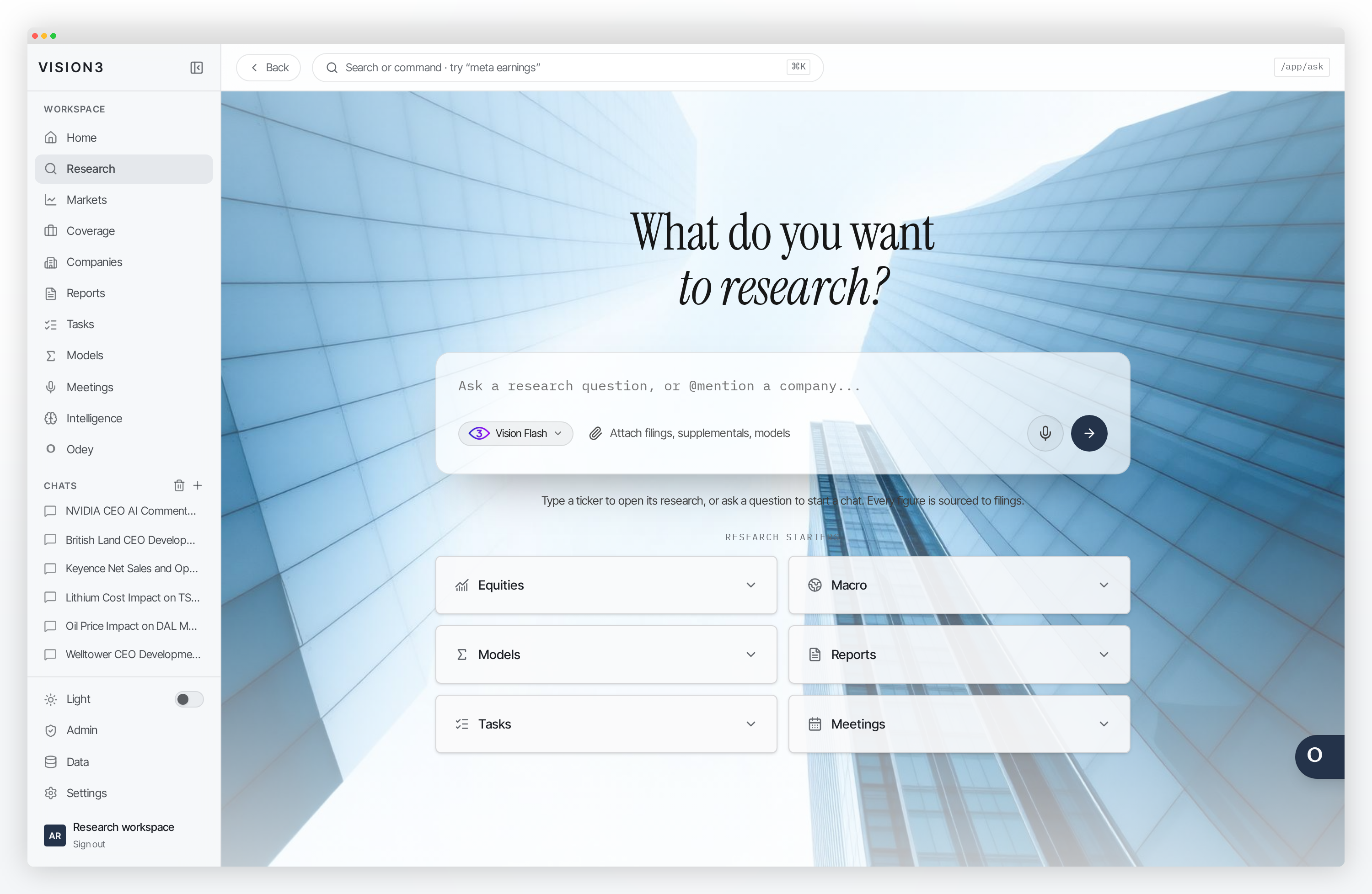 The VISION3 research workspace — ask a question, mention a company, and every figure is sourced to filings